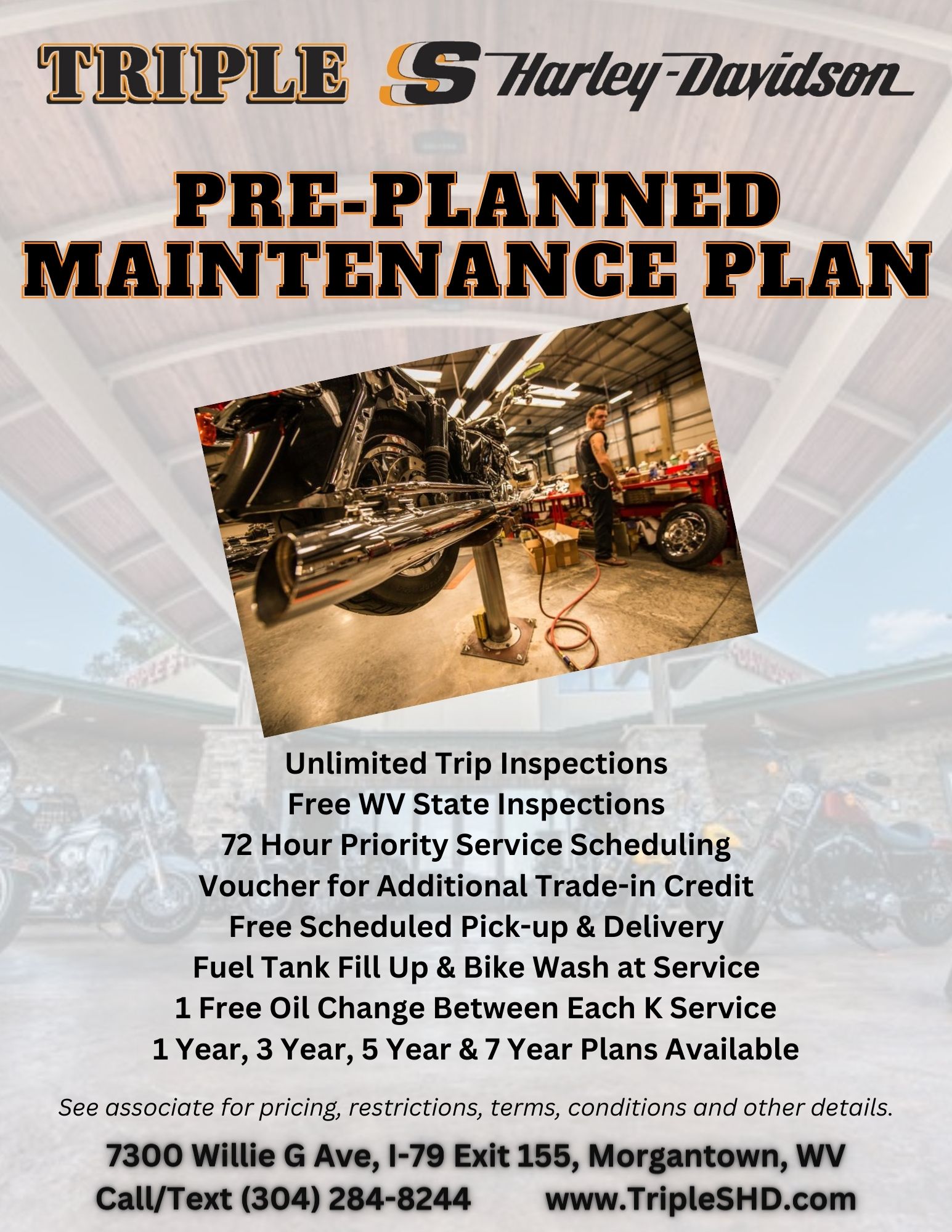 Planned Maintenance Package at Triple S Harley-Davidson in Morgantown, West Virginia; call or text (304) 284-8244 for information